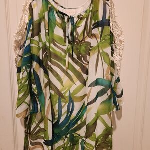 Chico's Green and Blue Leaf Print Blouse